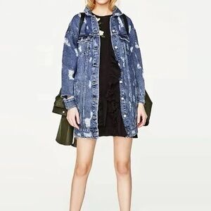 Zara Women's Distressed Button Down Long Length Medium Wash Denim Jacket